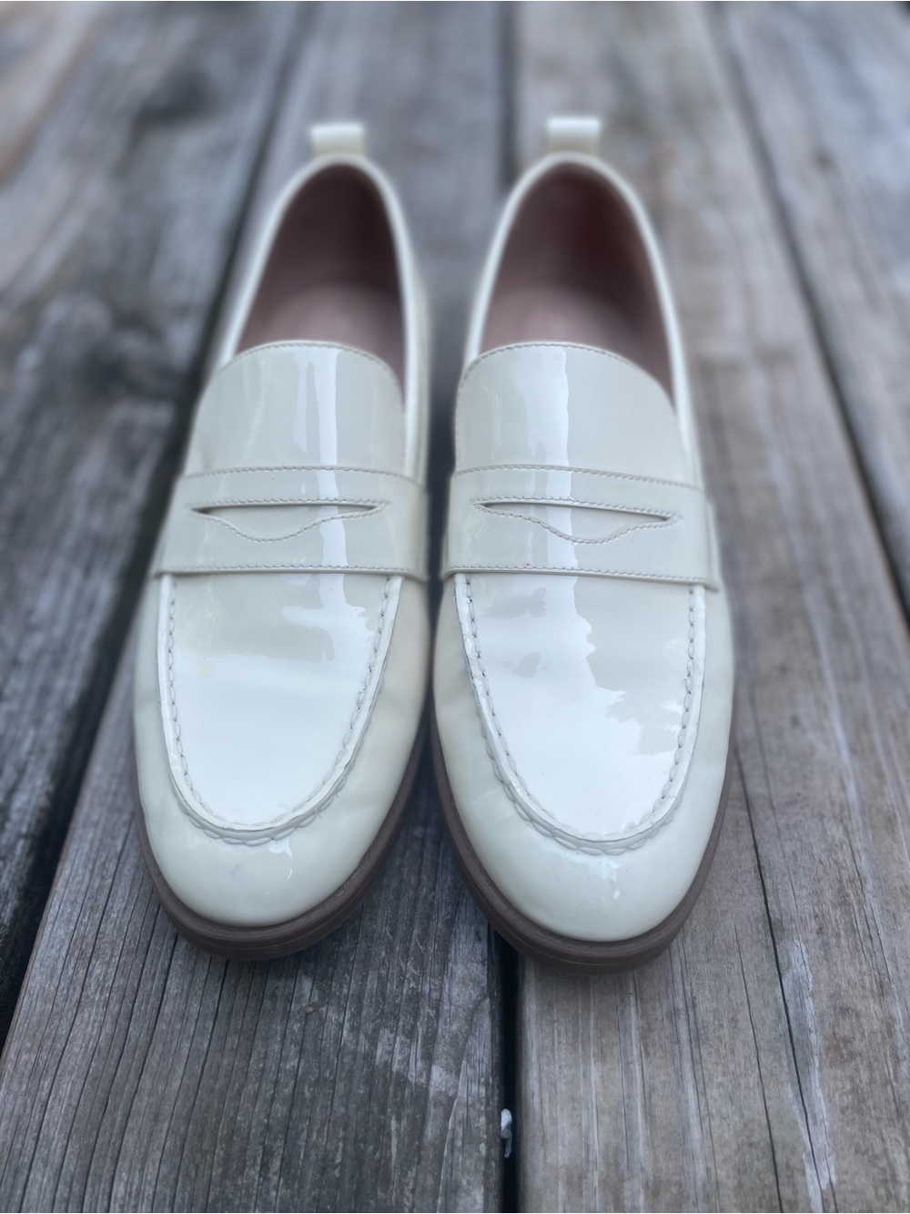 Cole Haan Cream Patent Leather Penny Loafers